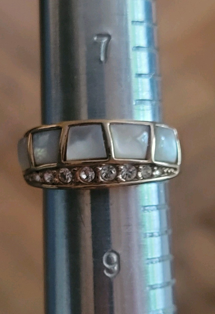Vintage 18K Rolled Gold Plate Ring Wt 7.4 Grams Mop Inlay / Rhinestone Size 8