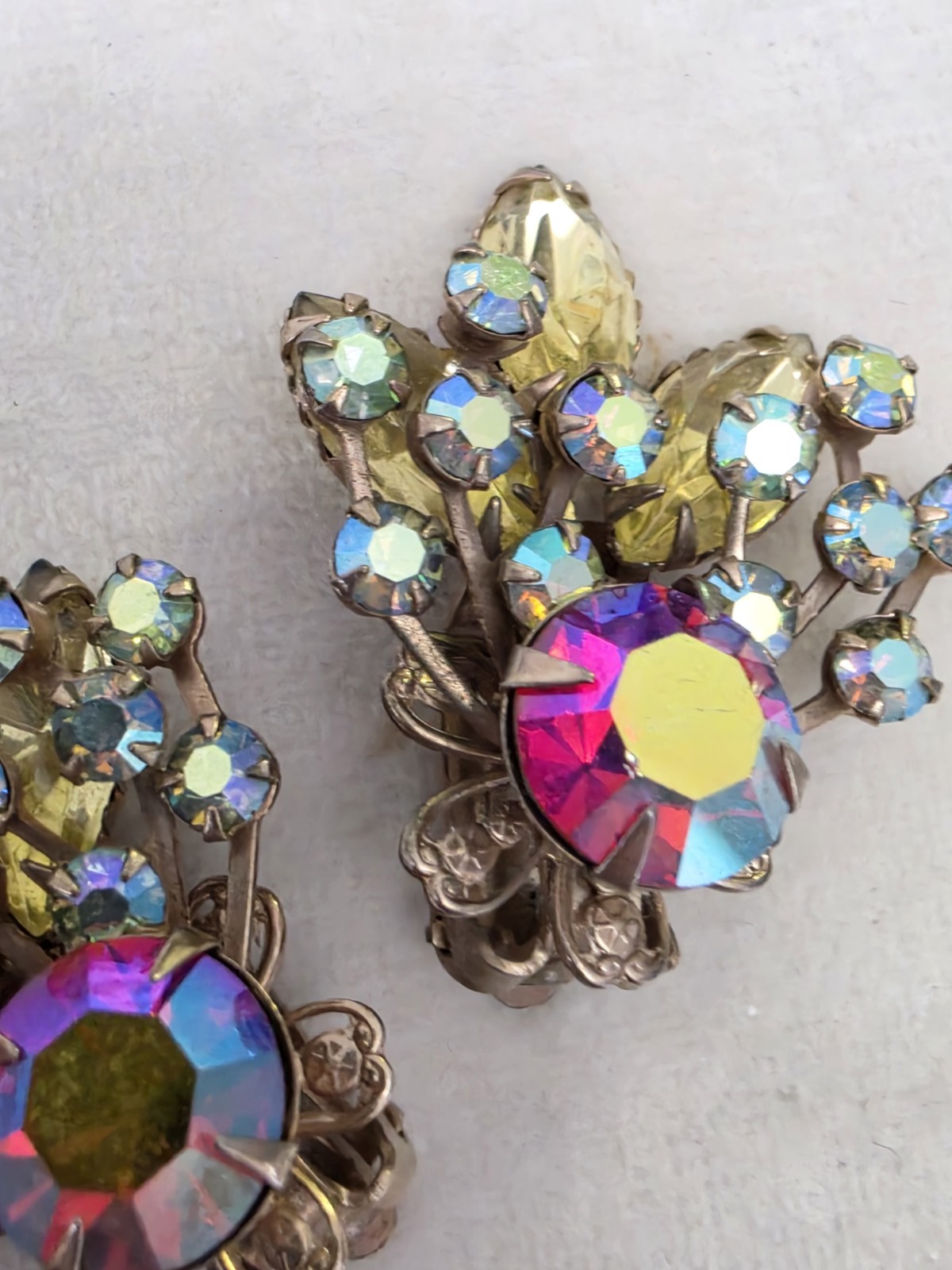 Vintage Multicolor AB Rhinestone Red Yellow Navette Floral Spray Clip Earrings