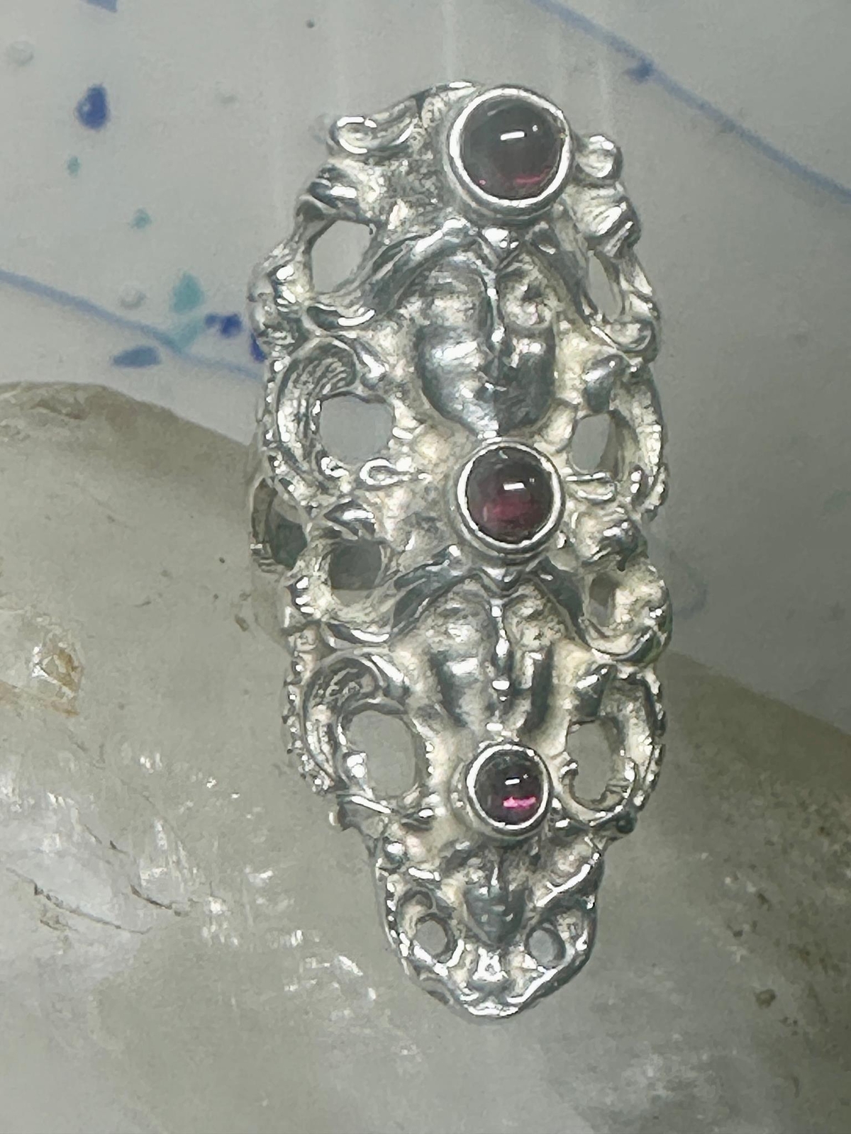 Face ring long figurative Art Deco influences garnets size 5.75 sterling silver