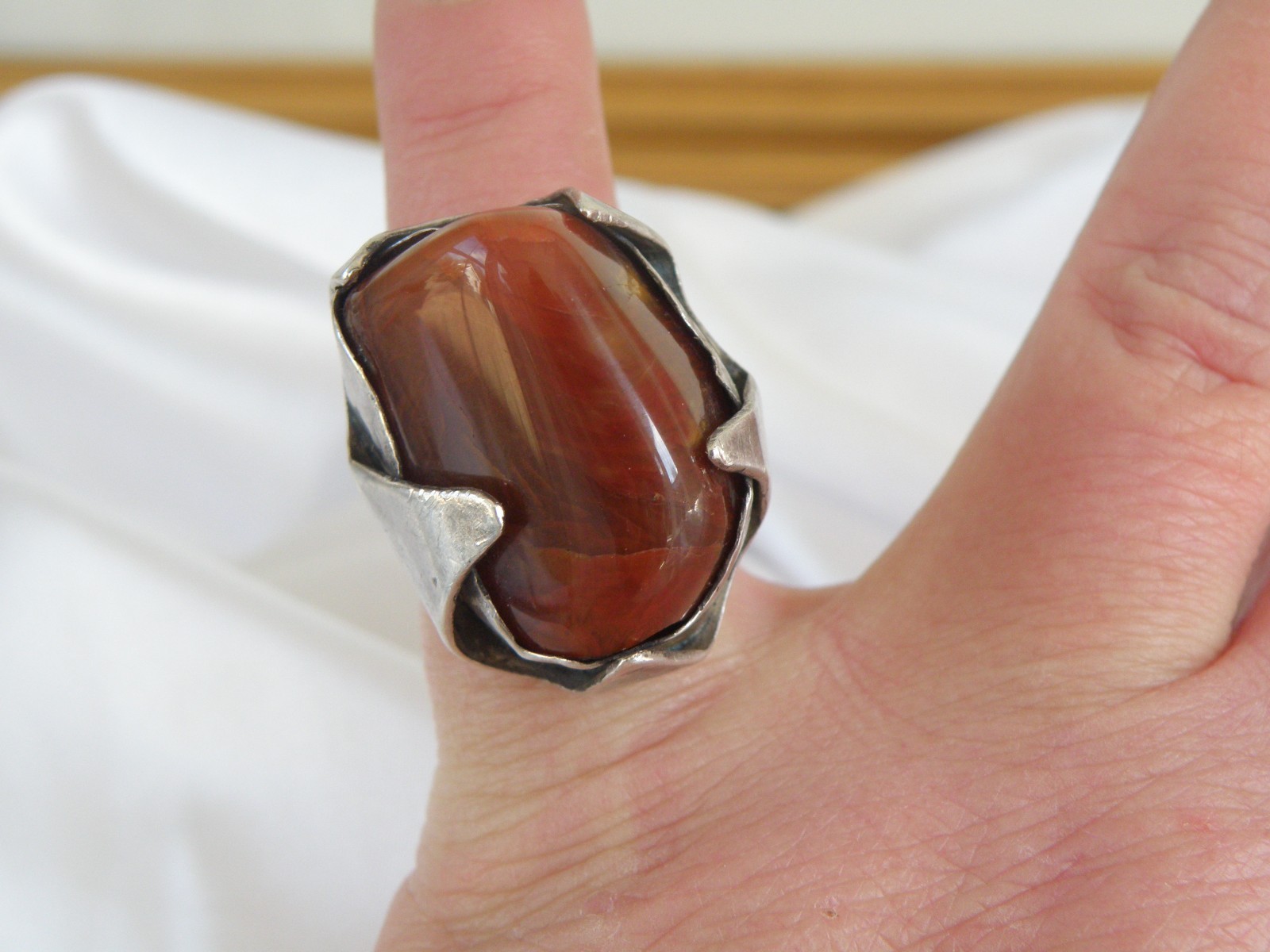 Vintage Sterling Silver 925 Banded Agate Brutalist Modernist Statement Ring 7