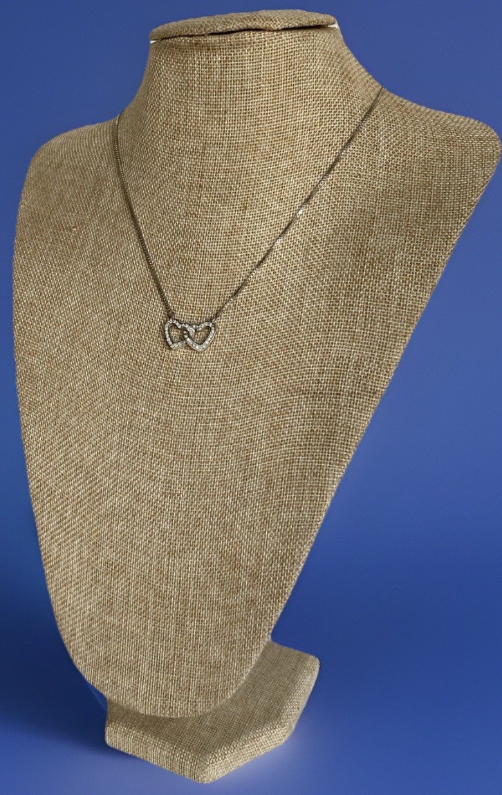 Vtg Adjustable Anne Klein Silver Tone Interlocking Heart Necklace, 16″ – 18-3/4″