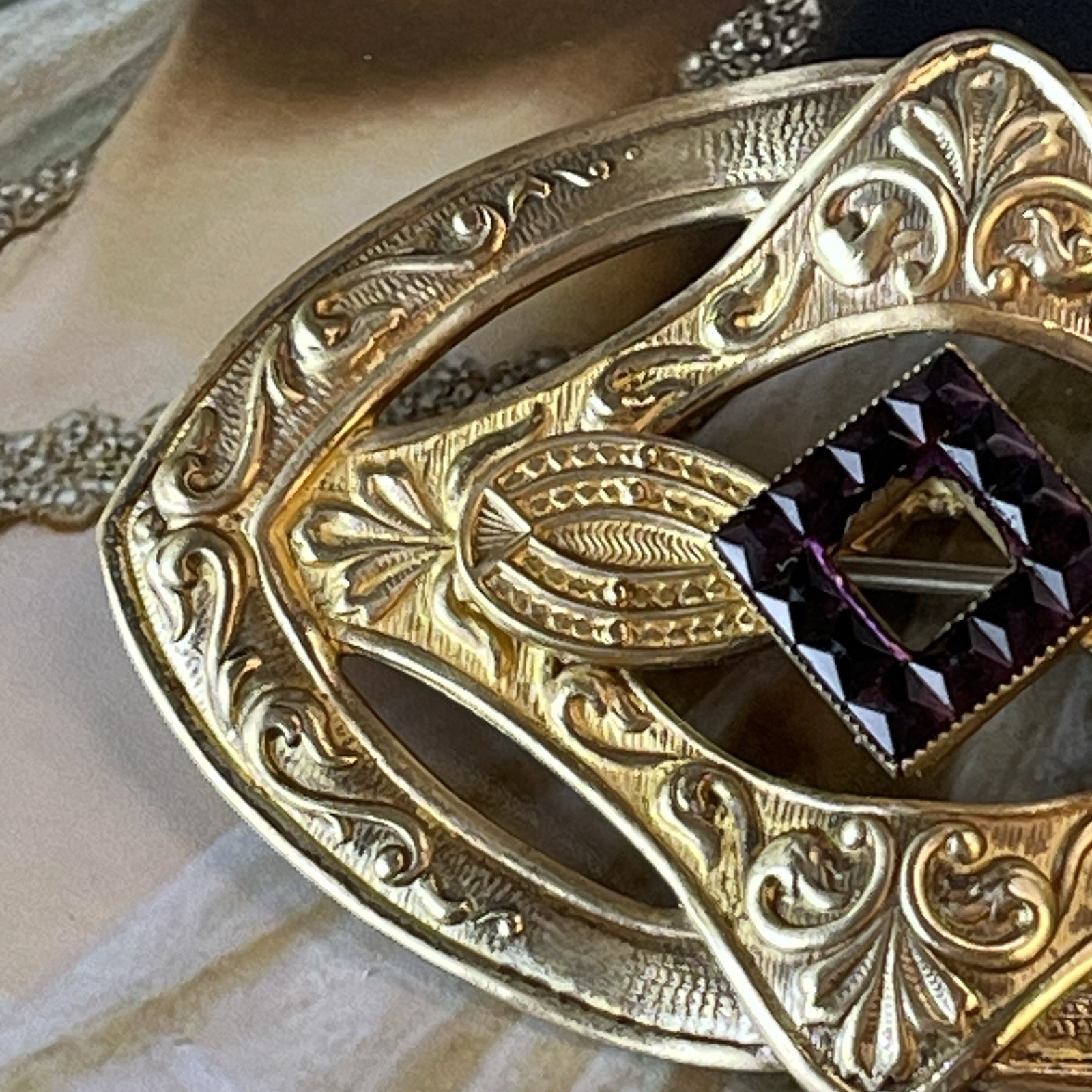 Antique Repousse Brooch Purple Glass Squares Gold Washed Brass Sawtooth C Clasp