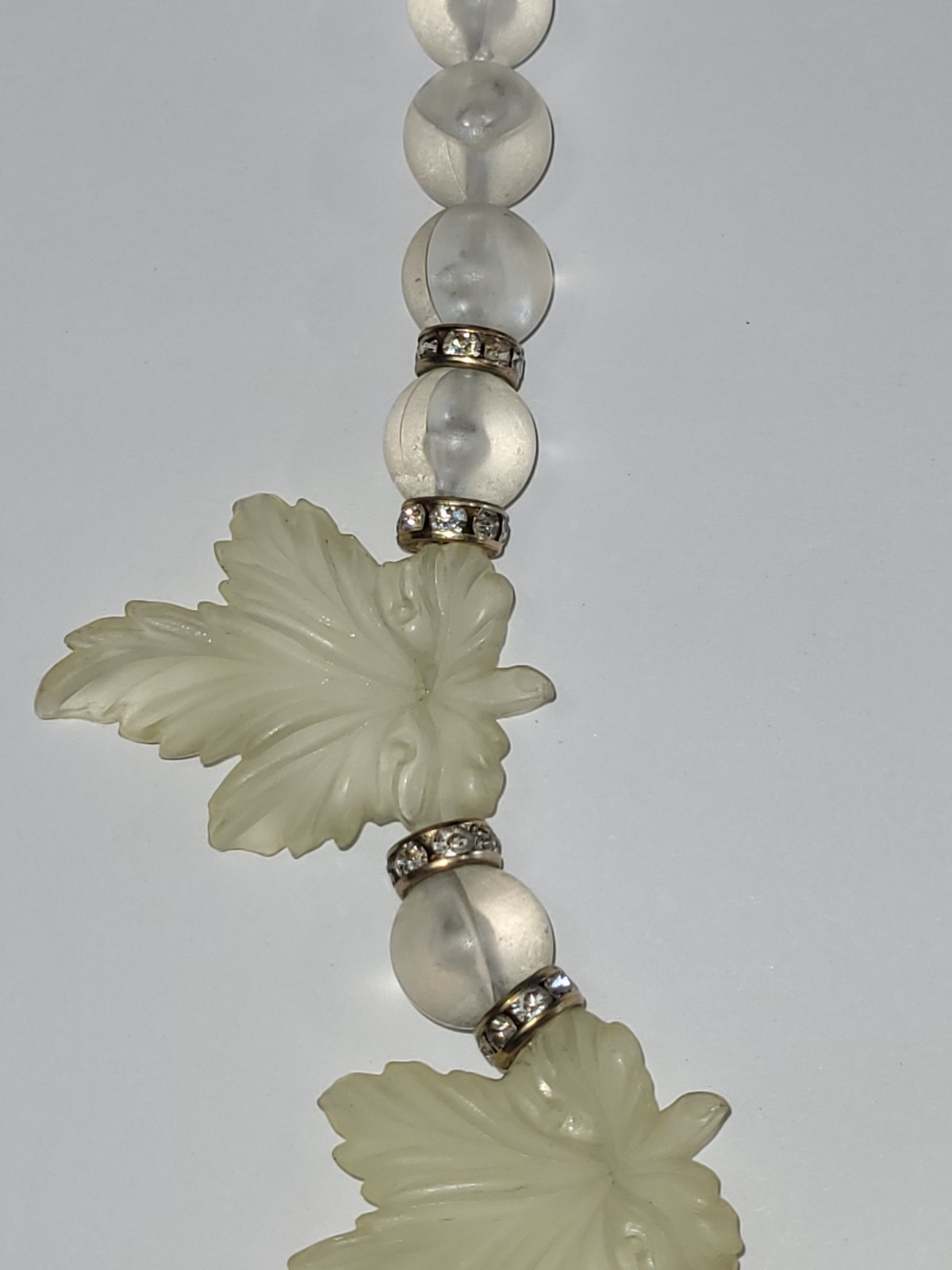 Vintage Carved Lucite Maple Leaf Necklace Clear Crystal Beaded Statement Jewelry