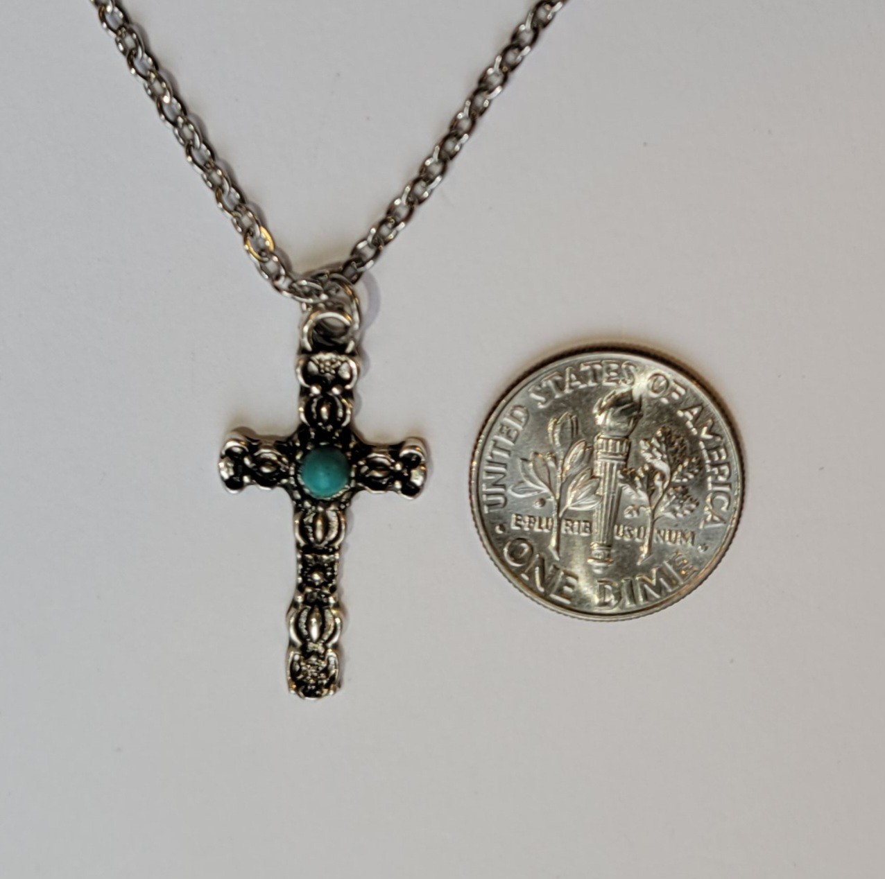 Southwestern Cross Necklace Silver Tone Faux Blue Turquoise 18in Chain Vintage