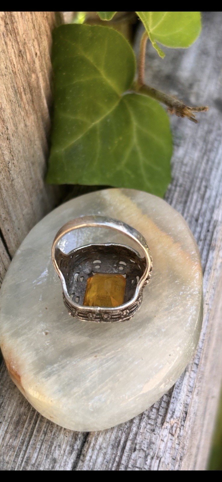 Citrine Checkerboard Sterling Silver Ring Antique Vintage Size 4.25 Nice !!!