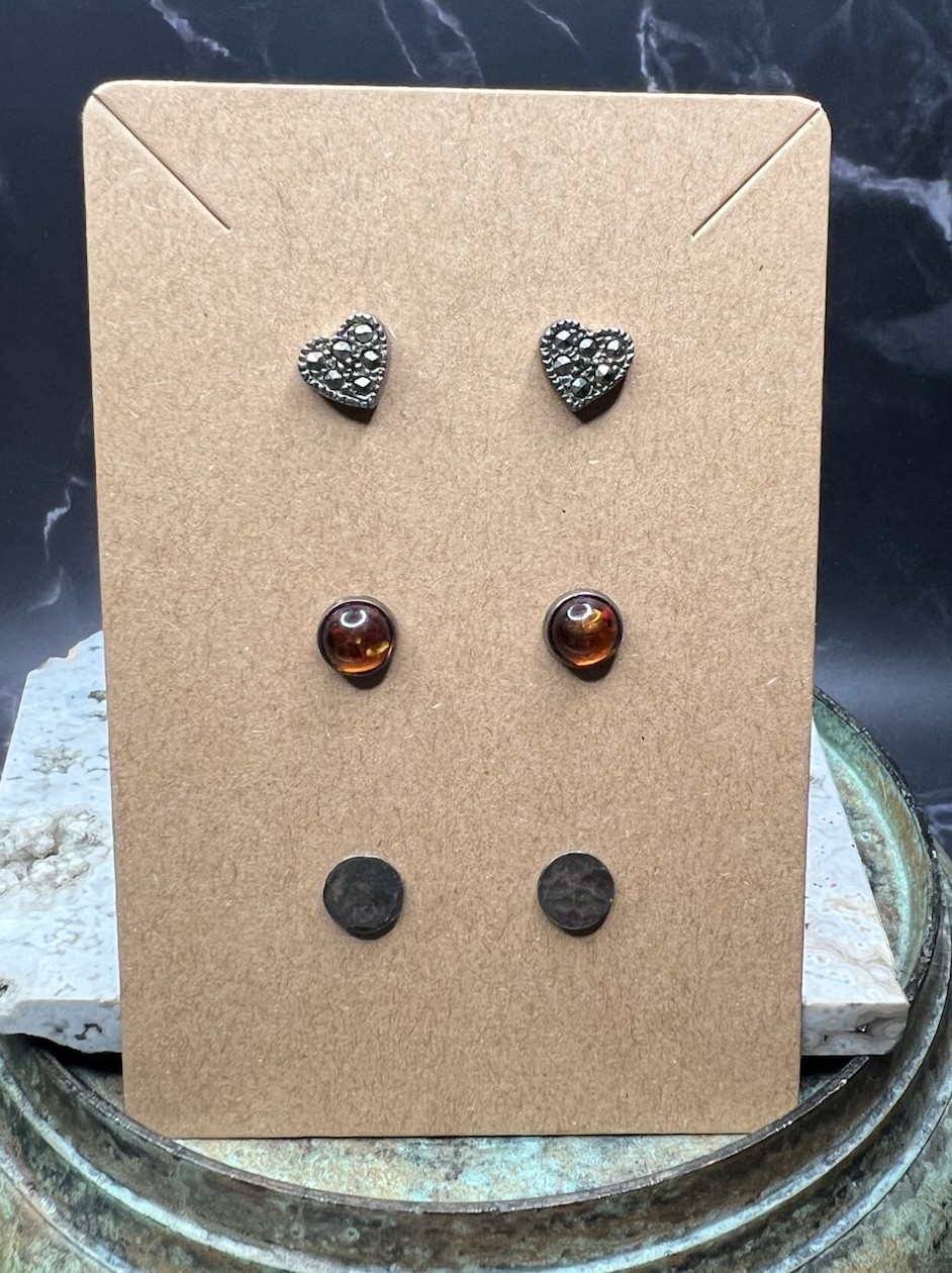 VTG 925 Sterling Silver Marcasite Heart Round Amber Stud Earrings Set