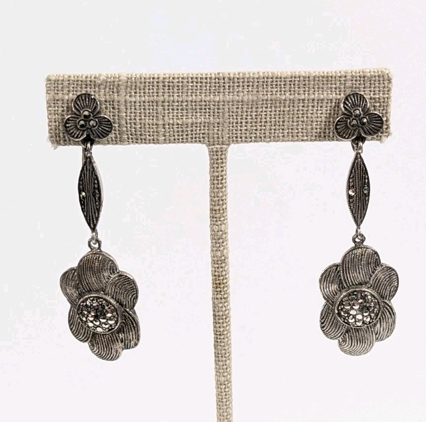 Art Deco Sterling Silver Marcasite Drop Flower Earrings – 925 Vintage