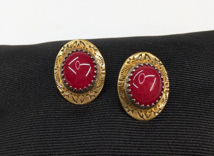 MW Signed Pink Stone Cabochon Brass Sterling Southwestern Pierced Earrings 3/4″