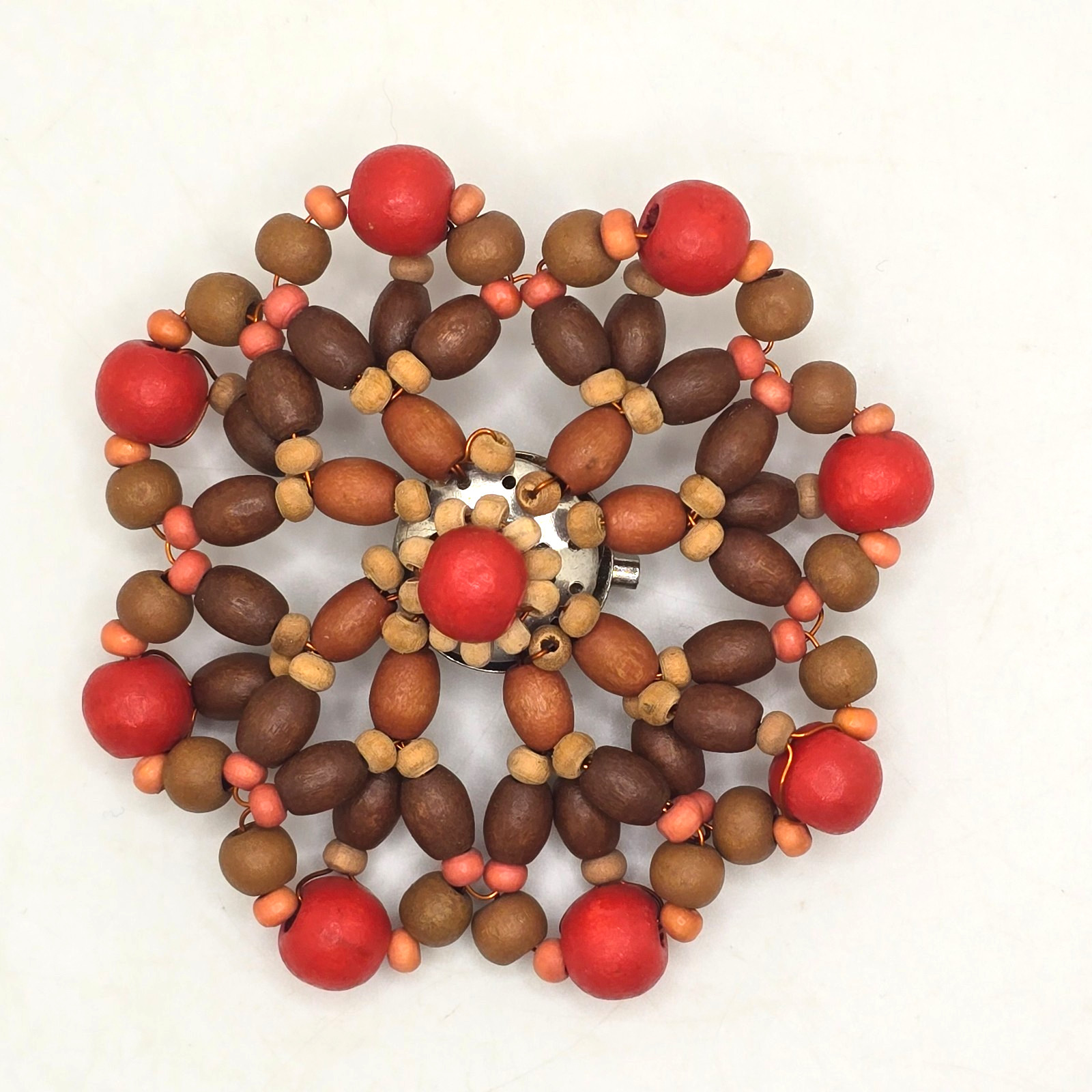 Vintage Boho Brooch 70s Wooden Bead Flower Handmade Copper Wire Folk Art Pin