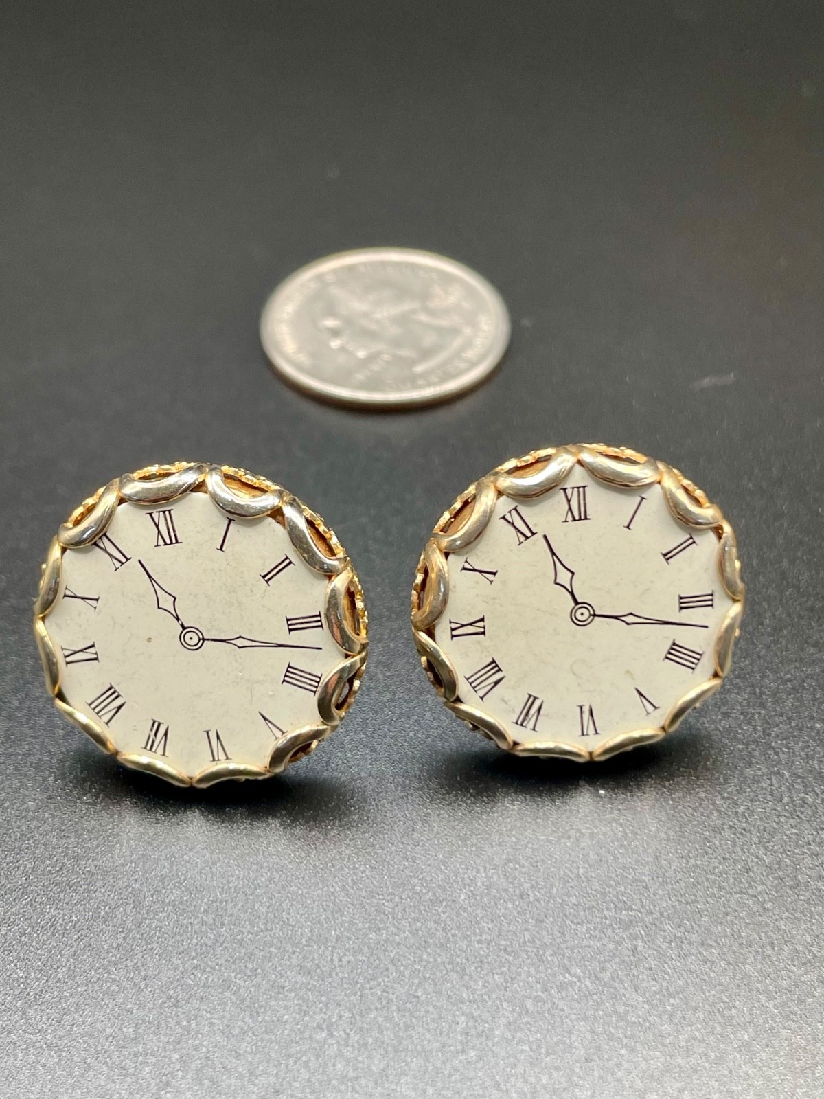 Vintage Clock Face Enamel Cufflinks Gold Tone Roman Numeral Novelty MCM