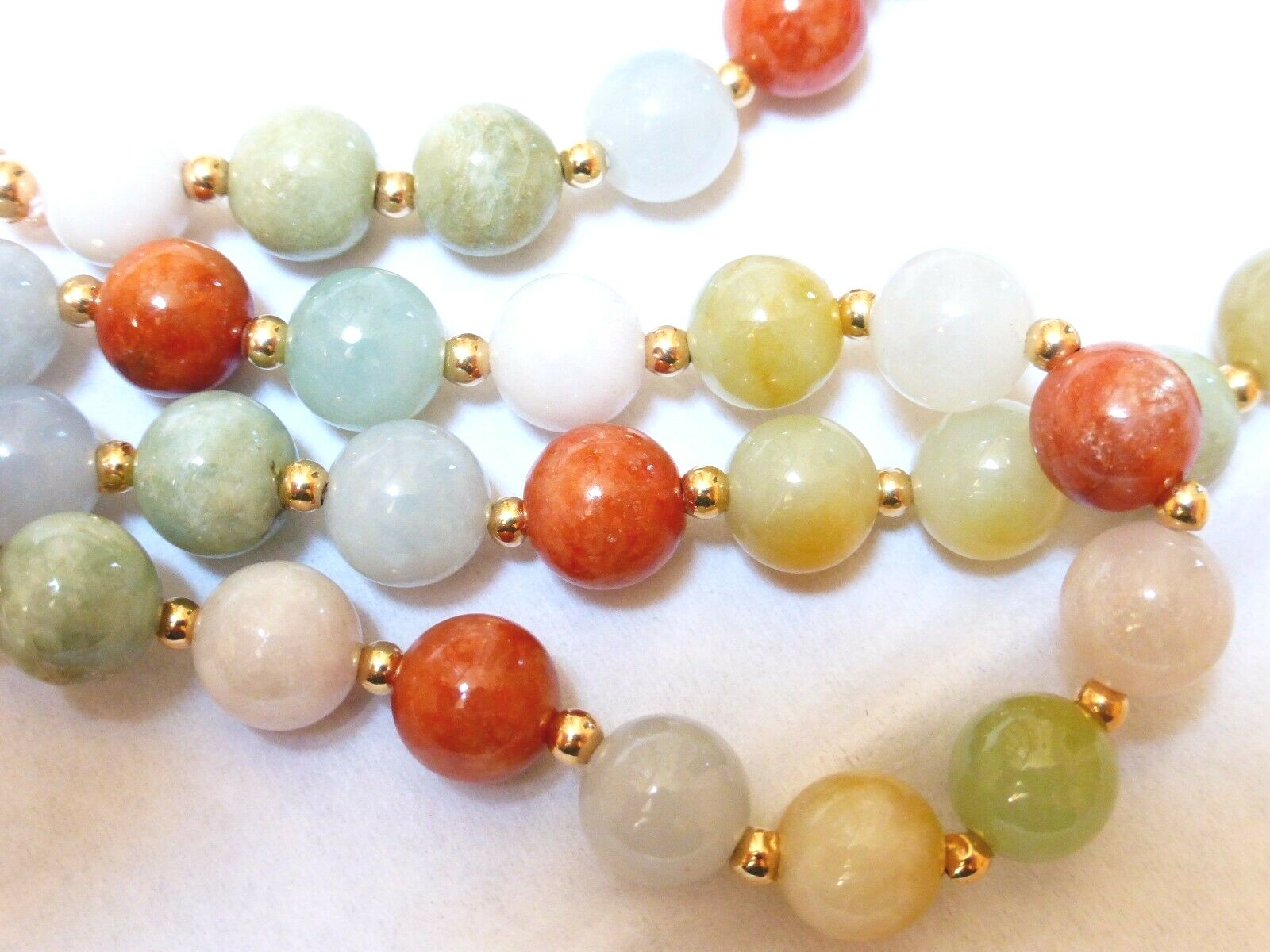 Vintage Chinese 14K GOLD Multi-Color Jade 9mm Beads Necklace Pendant, 22″