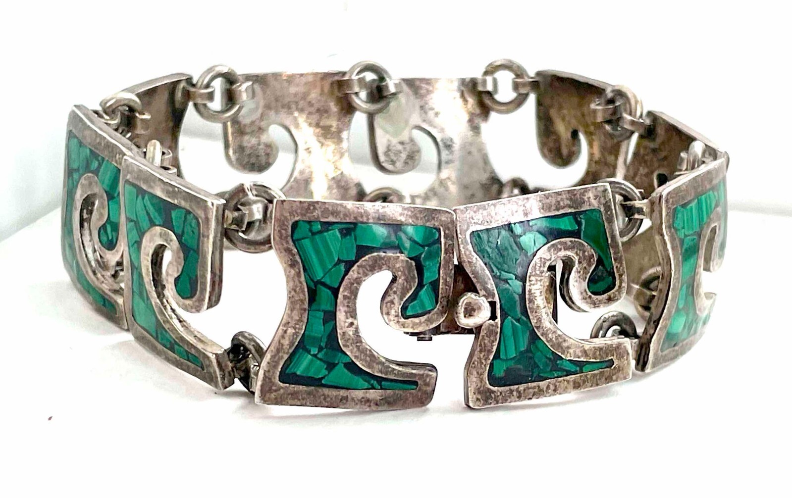 VTG Mexico Bracelet Sterling Malachite Chip Large Wrists 8″ 64g Modernist 1940s