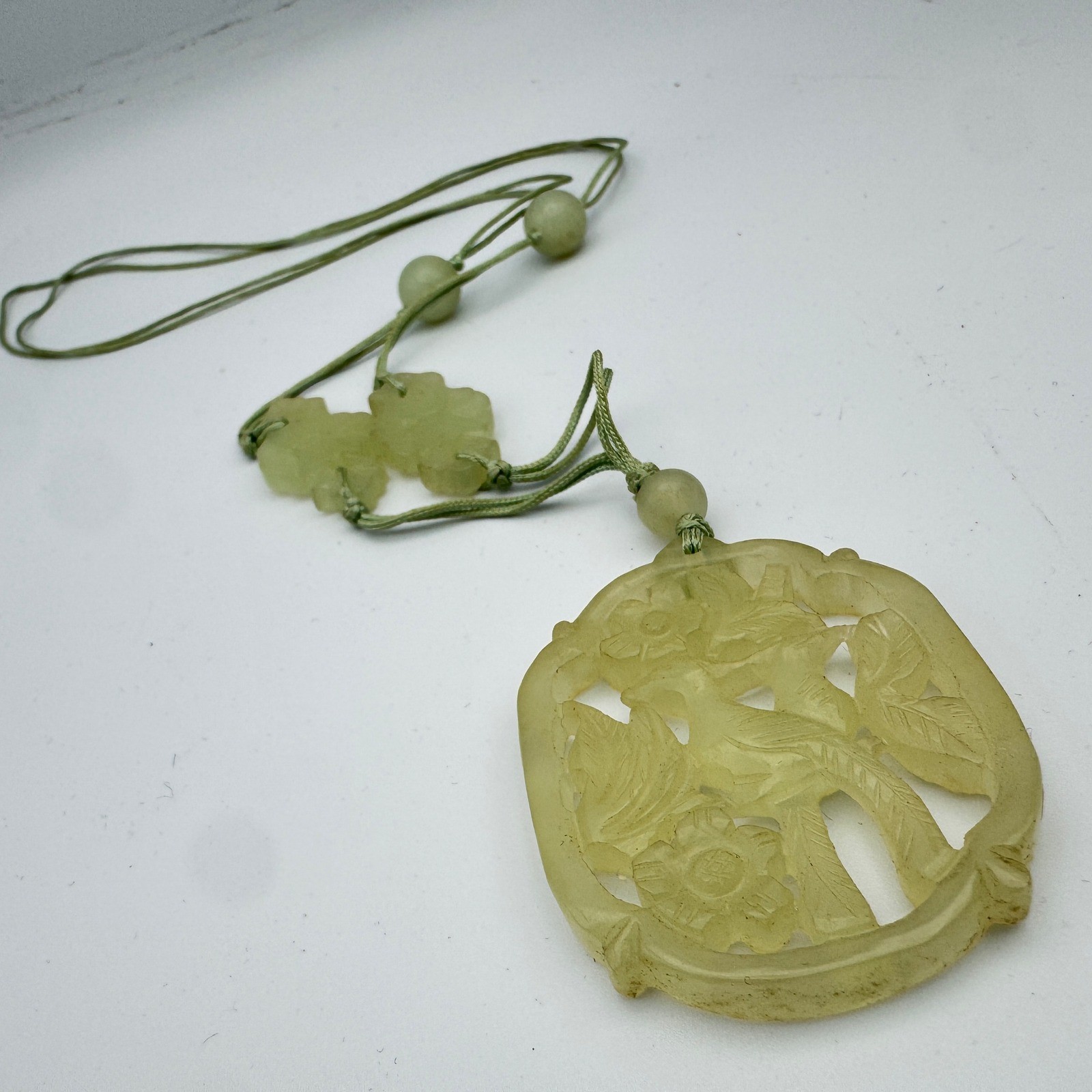 Vintage Pendant Necklace Hand Carved Celadon Jadeite Openwork Silk Roping 37g