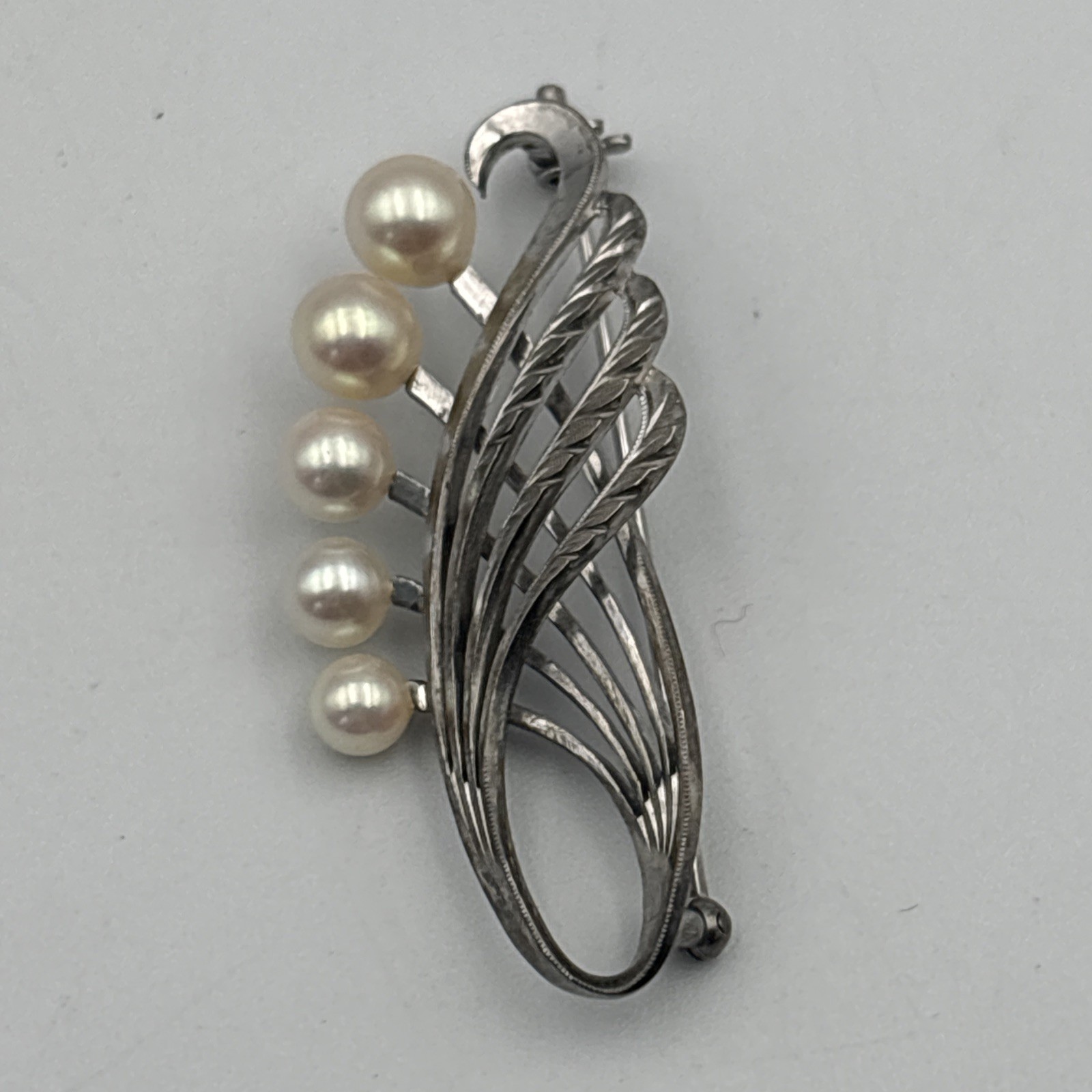 Mikimoto Pearl Sterling Silver Brooch Vintage Curved Wave Design Japan Signed