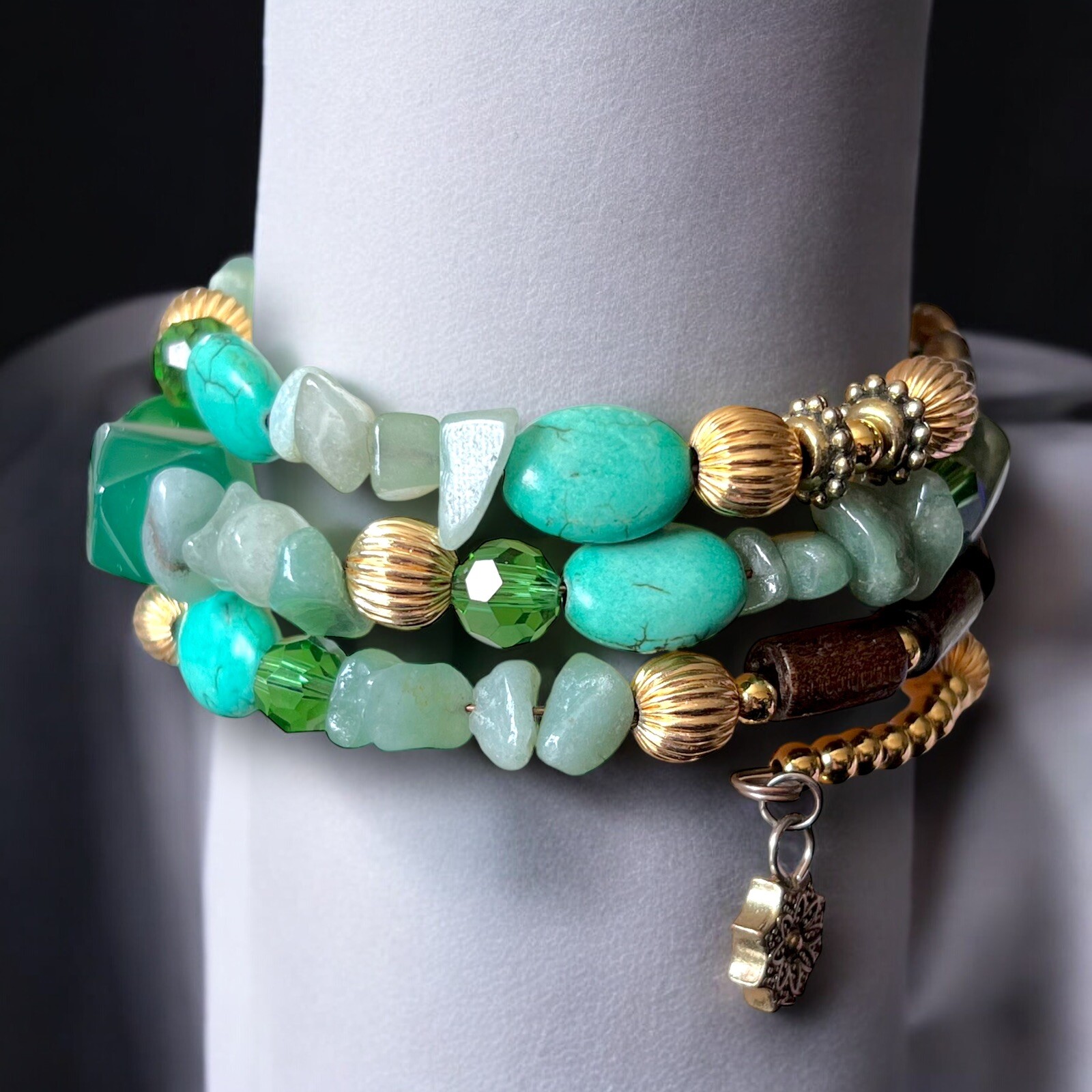 Boho Gemstone Beaded Bracelet Multi-Strand Wrap Wood Turquoise Gold Vintage
