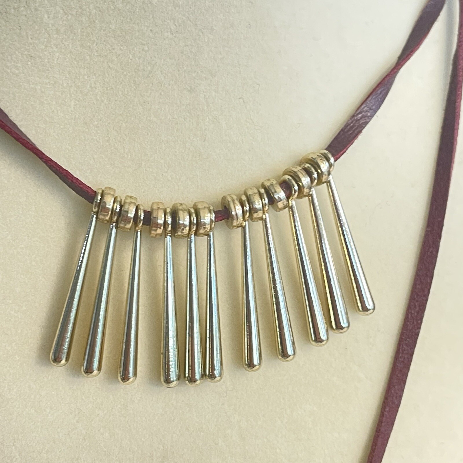 Vtg WHBM Leather Cord Fringe Necklace Tassel Gold Boho Southwest Two Layer