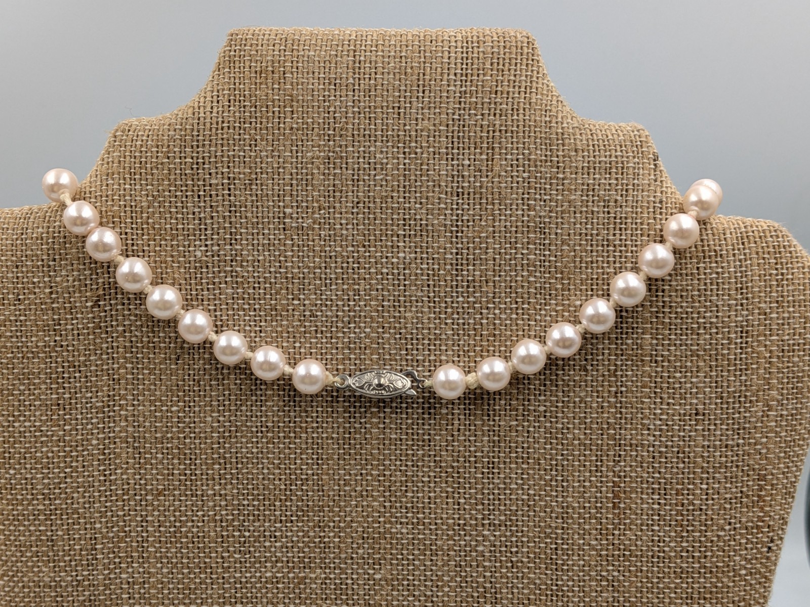 Vintage Faux Pearl Necklace Knotted with silver tone fish- hook clasp unbranded