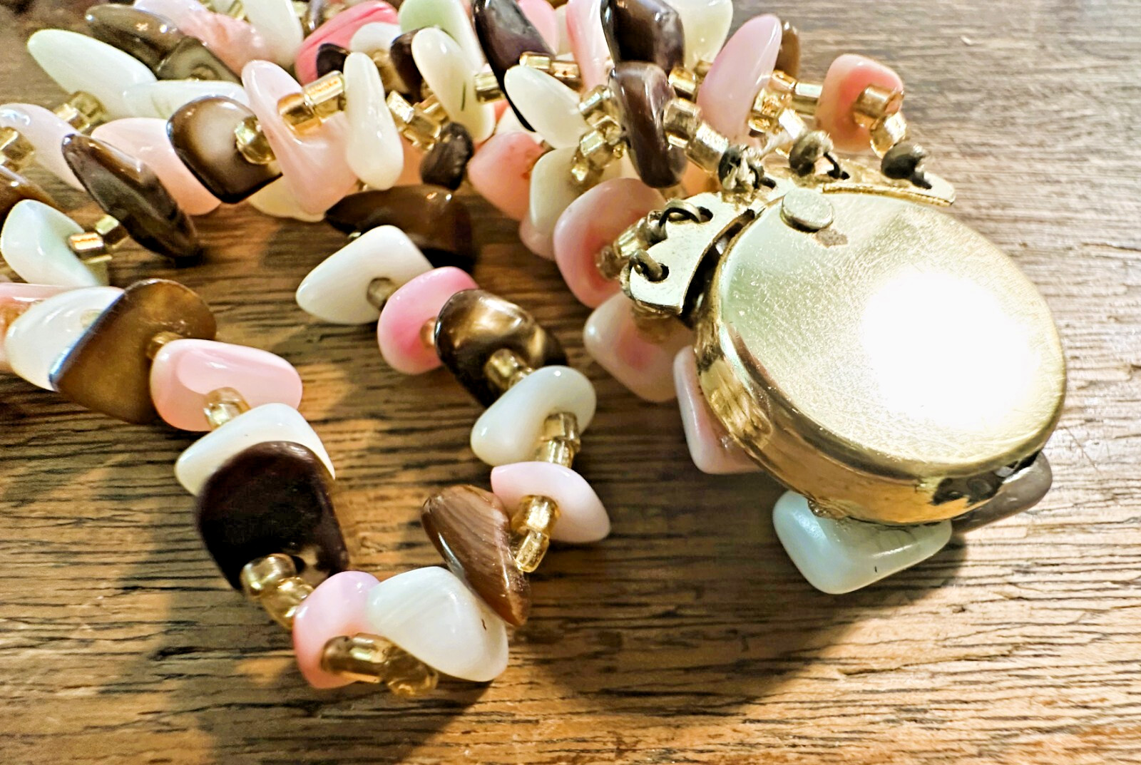 Vintage PUKA Style STONE Necklace 5 STRAND Tiger’s Eye & Pink Rose White Pastels