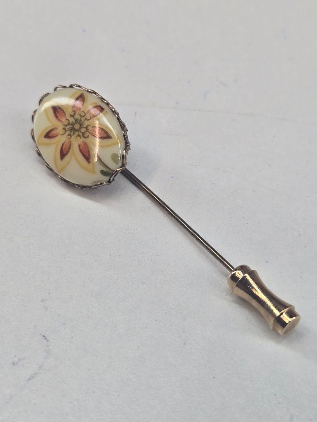 Lenox Stick Pin Cream & Orange Floral Women’s Brooch 14k Gold Plated Vintage