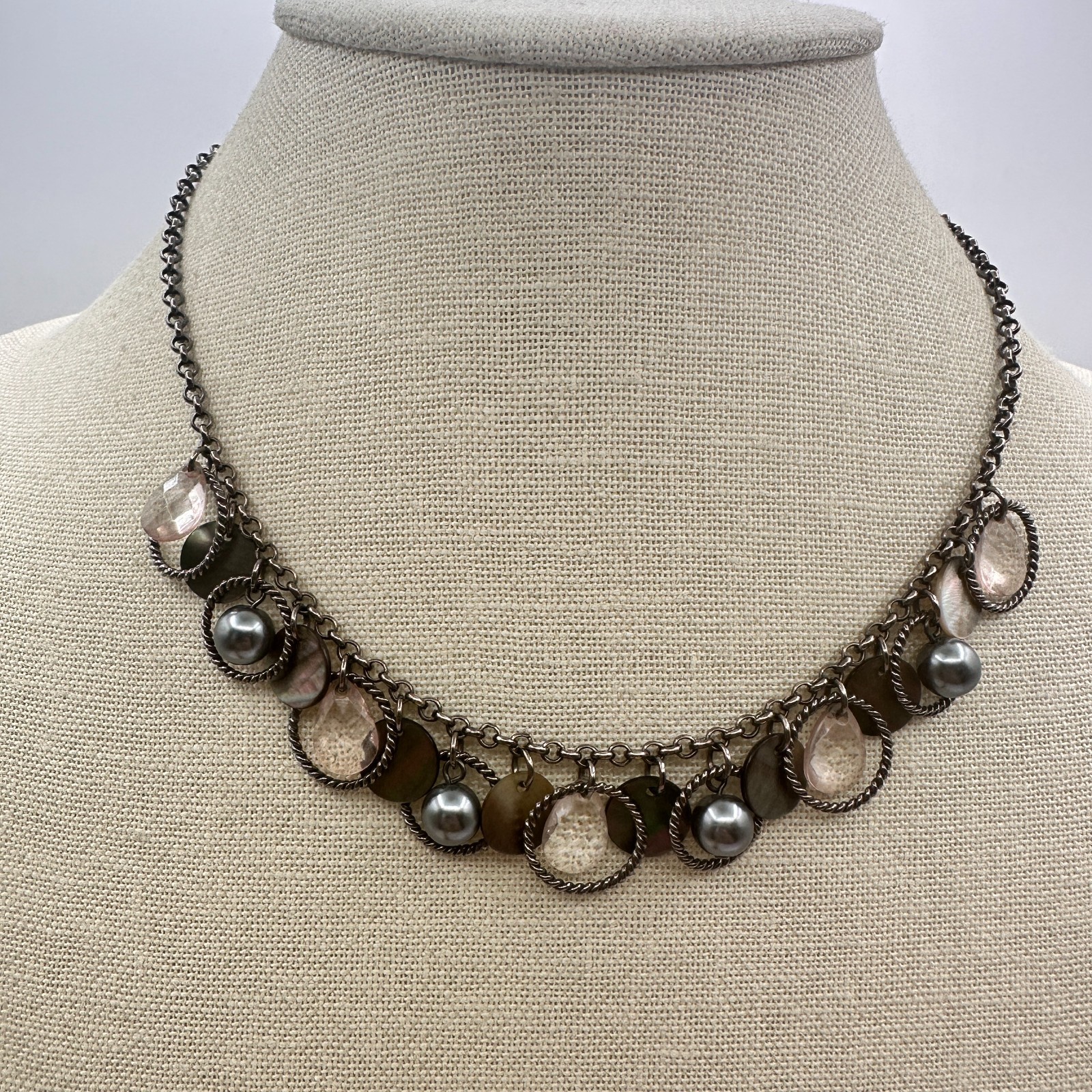 VTG Gunmetal Faux Tahitian Pearl Rose Quartz Choker Bib Necklace Charm Fringe