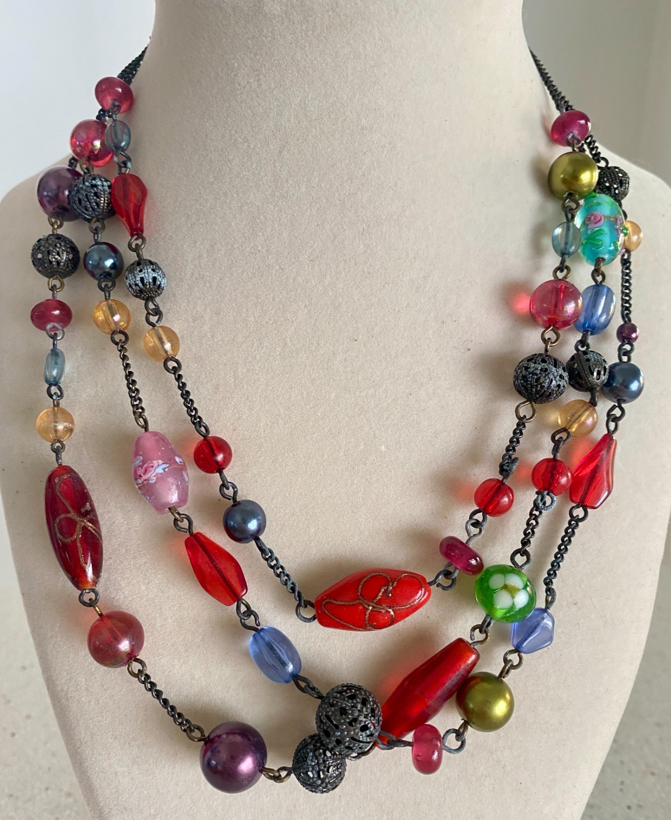Avon Multicolor Glass Bead Necklace Triple Strand Copper Tone Adjustable 16″-19″