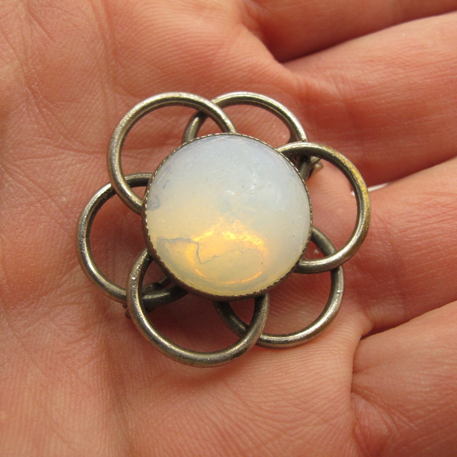 Vintage Opaline Glass Brooch Silver Tone Floral Costume Jewelry 1930s 1950s