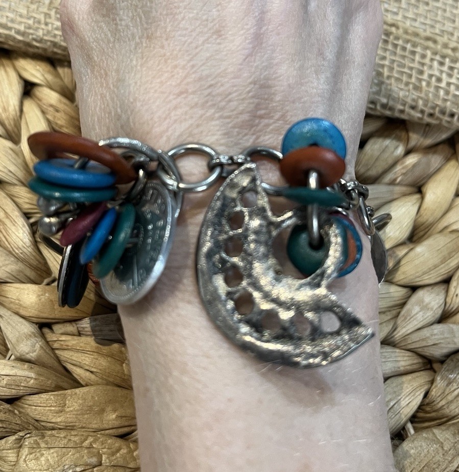 Vintage Artisan Crafted Coin Charm Bracelet Mixed Materials Estate Jewelry Boho