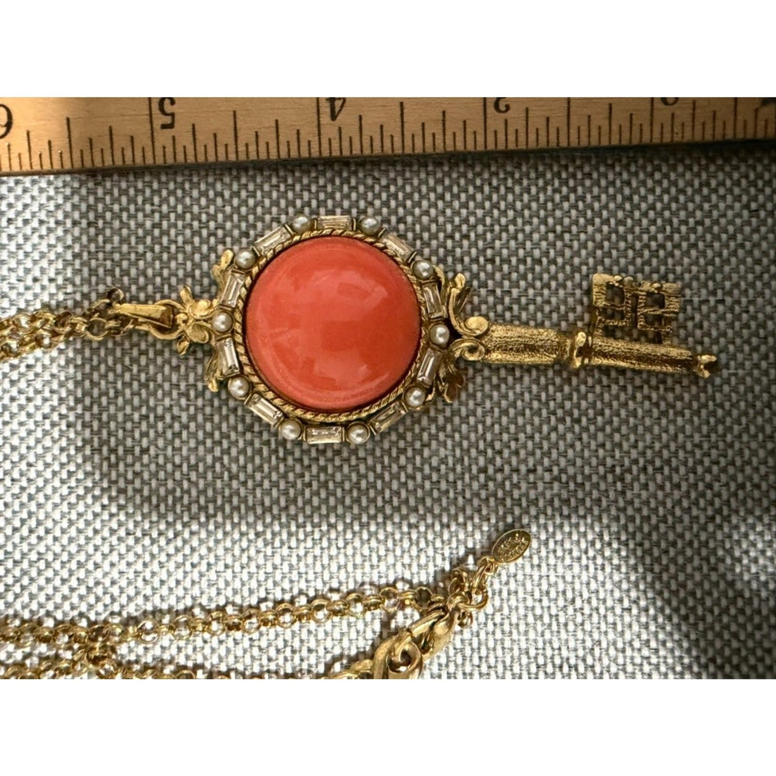 Kenneth Jay Lane Signed Key Necklace with Orange Cabason, Rhinestones and Pearls