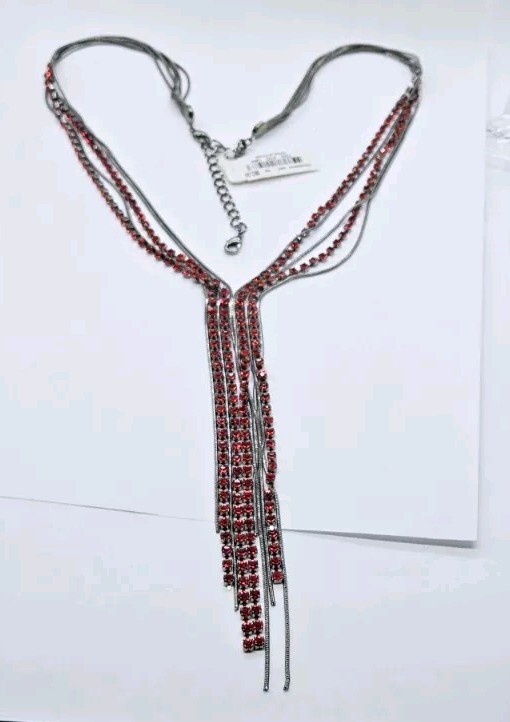 Red & Black Crystal Necklace Fringe Tie Gunmetal Statement 27 in Layered Alfani