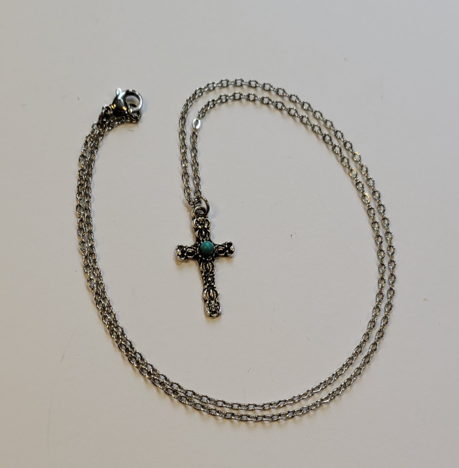Southwestern Cross Necklace Silver Tone Faux Blue Turquoise 18in Chain Vintage