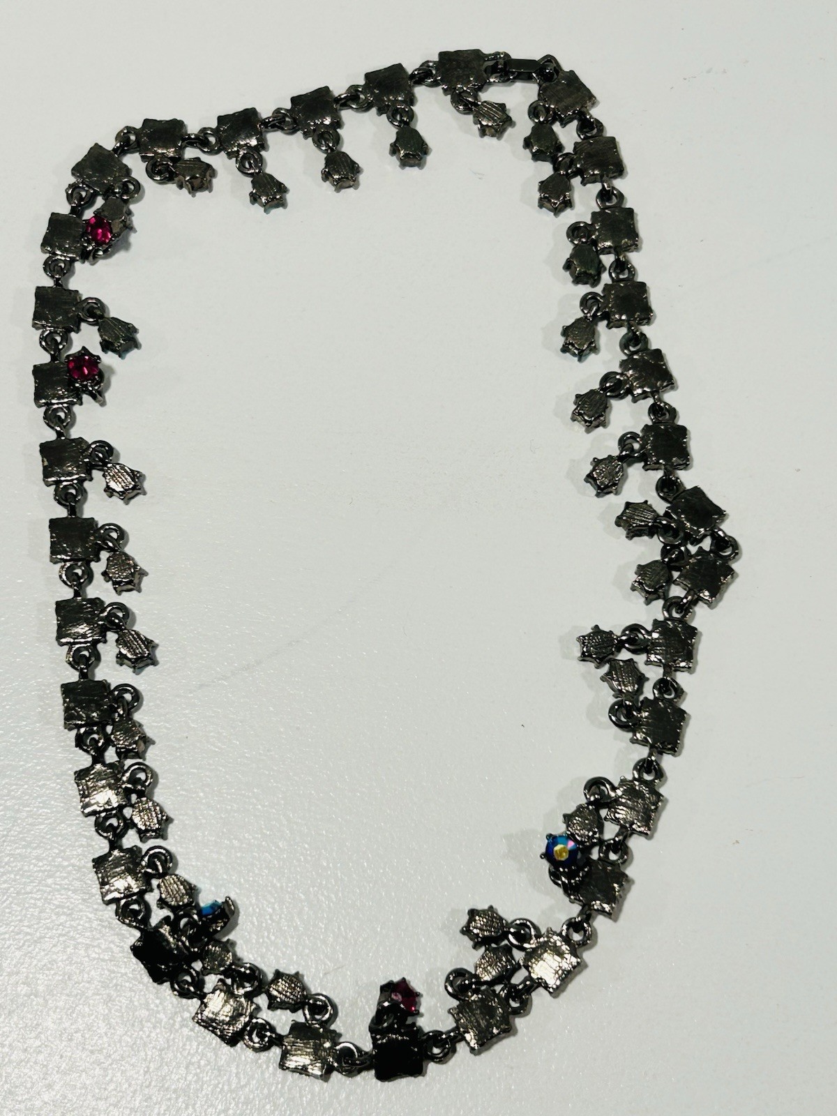 Gunmetal Rhinestone Statement Necklace Pink Fuchsia Fringe Vintage Style