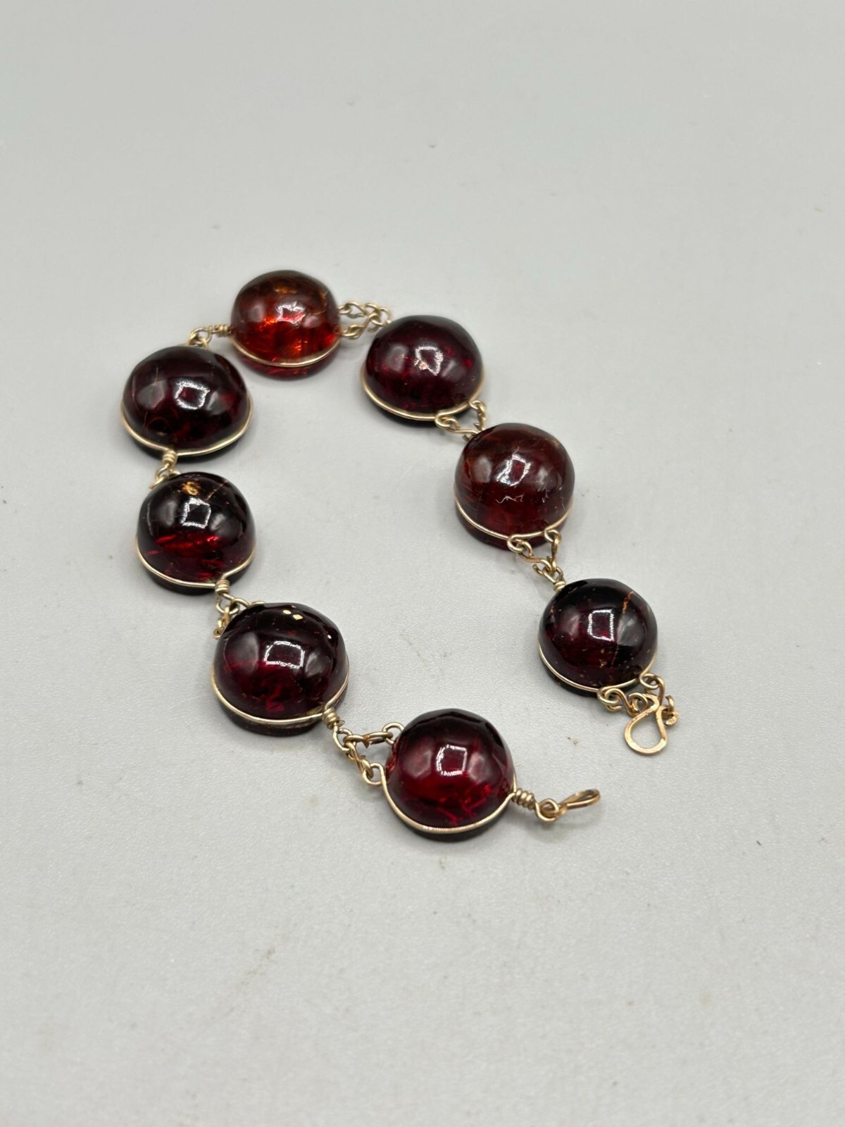 Wire Wrapped Genuine Amber Bracelet with Gold Tone Wire & Clasp Round Stones