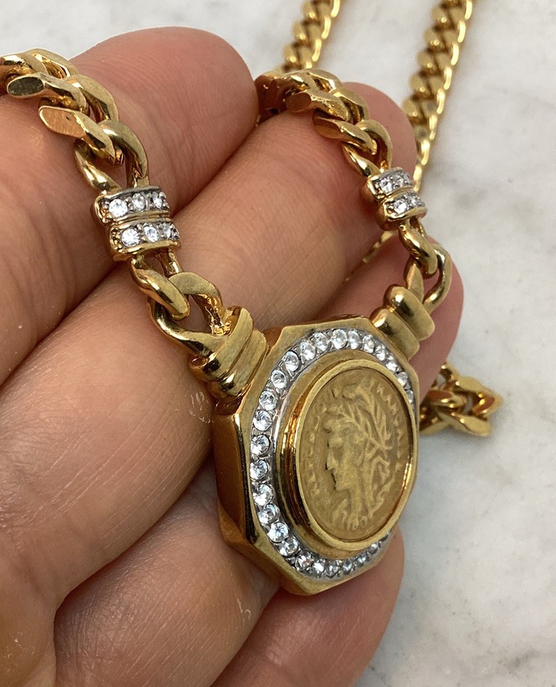 Vintage Gold Tone Roman Coin Rhinestone Pendant Curb Link Chain Necklace
