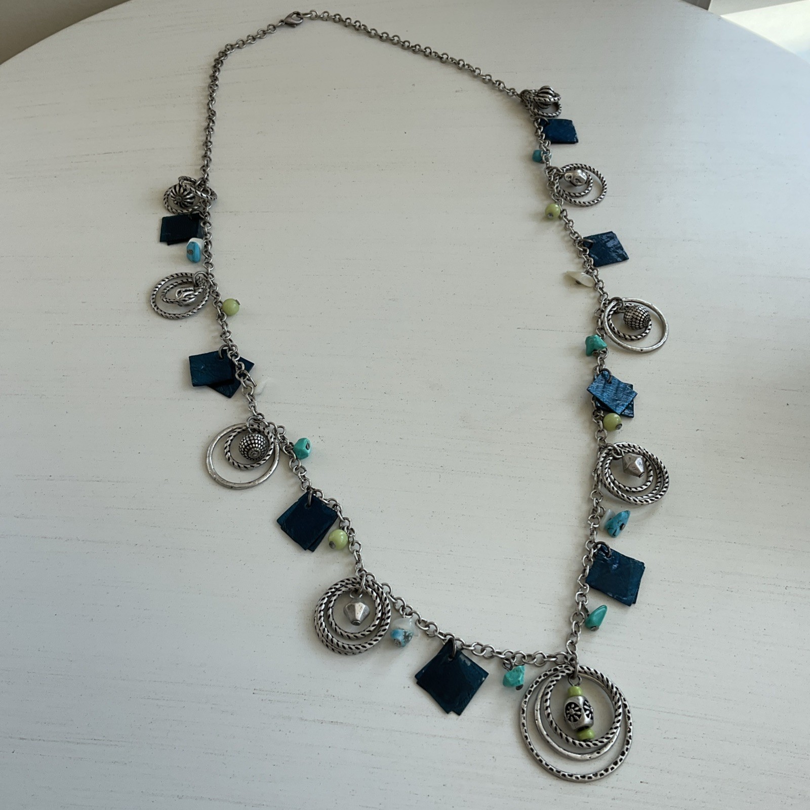 Vintage Women’s Long Dangle Necklace Beaded Blue Shells Green Gypsy Retro