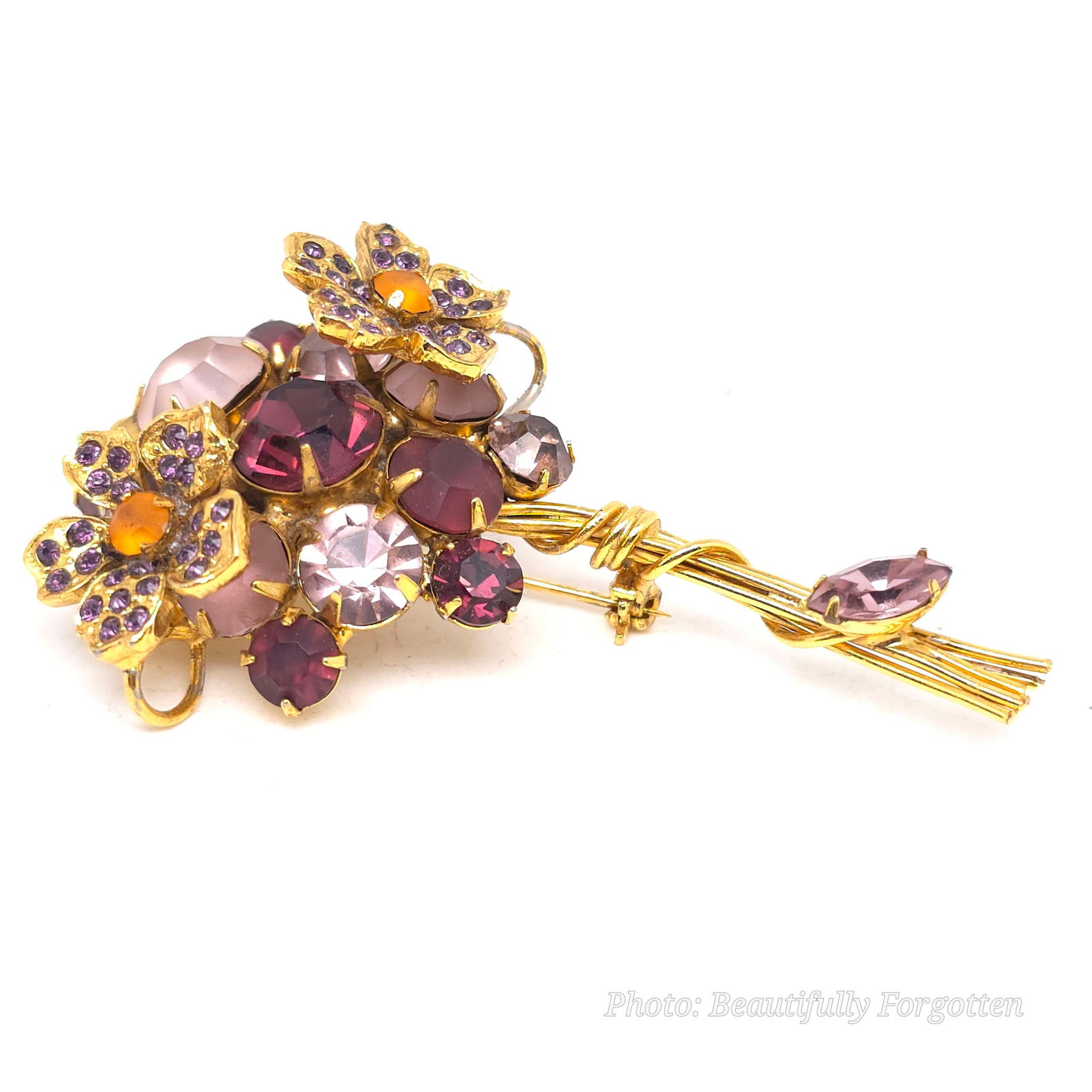 Signed RJ Graziano Purple Rhinestone Floral Bouquet Brooch