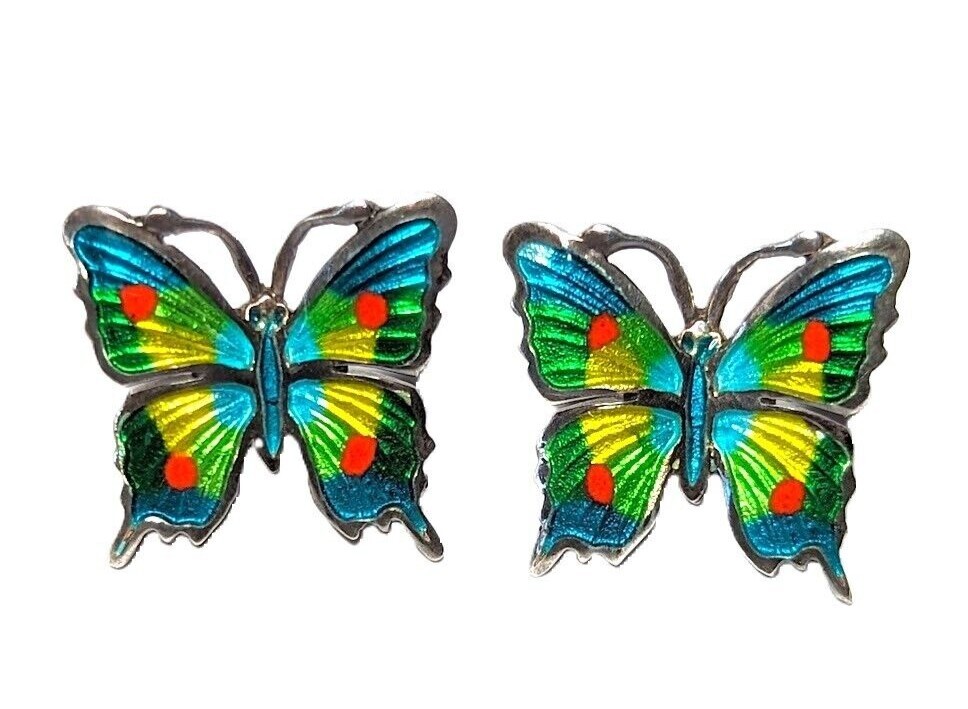 Vintage Fine 980 Silver Espinosa Butterfly Earrings Enamel Mexico Unsigned