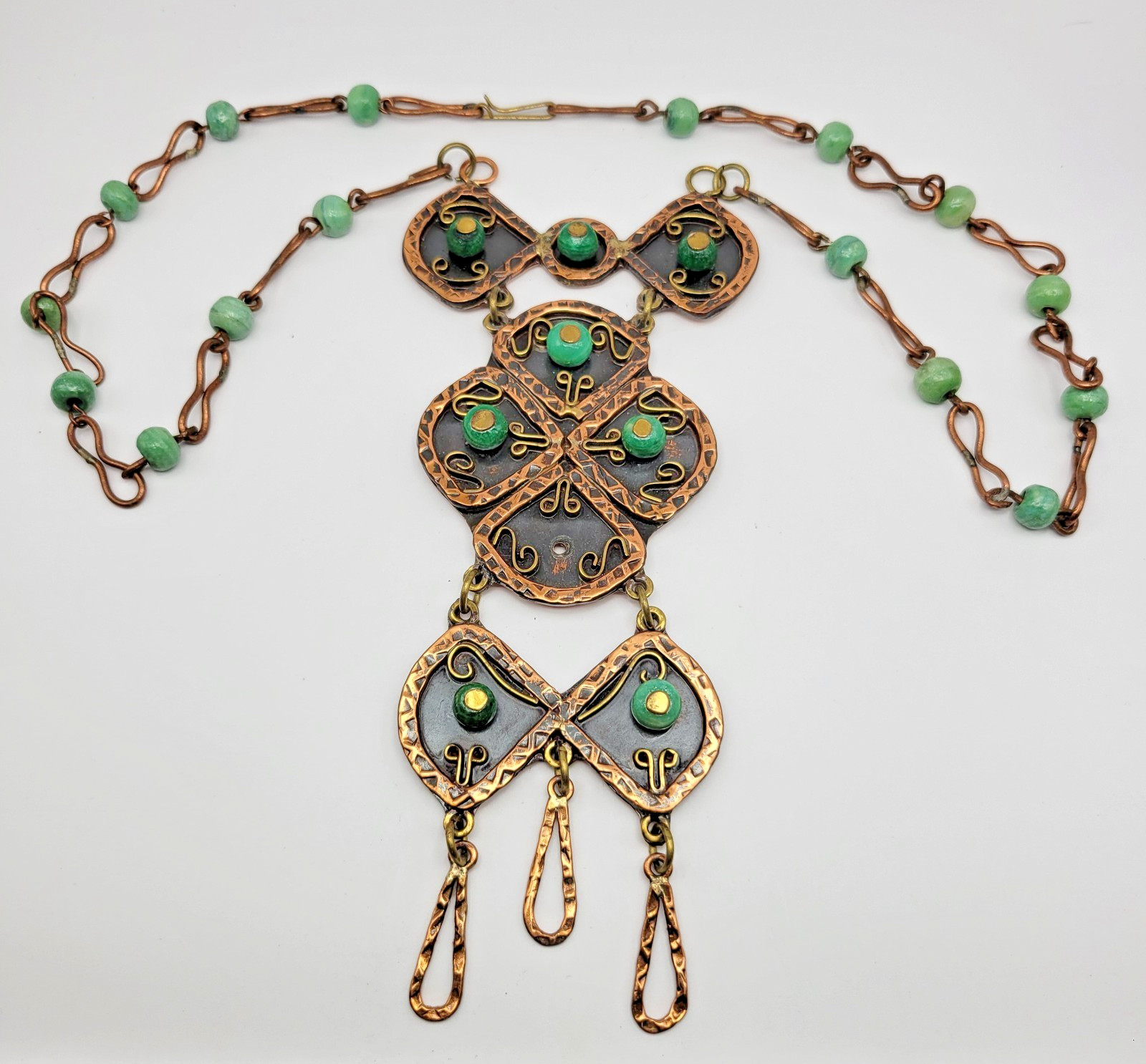 Vintage Casa Maya Copper Brass Green Stone Statement Pendant Necklace as-is ~24″