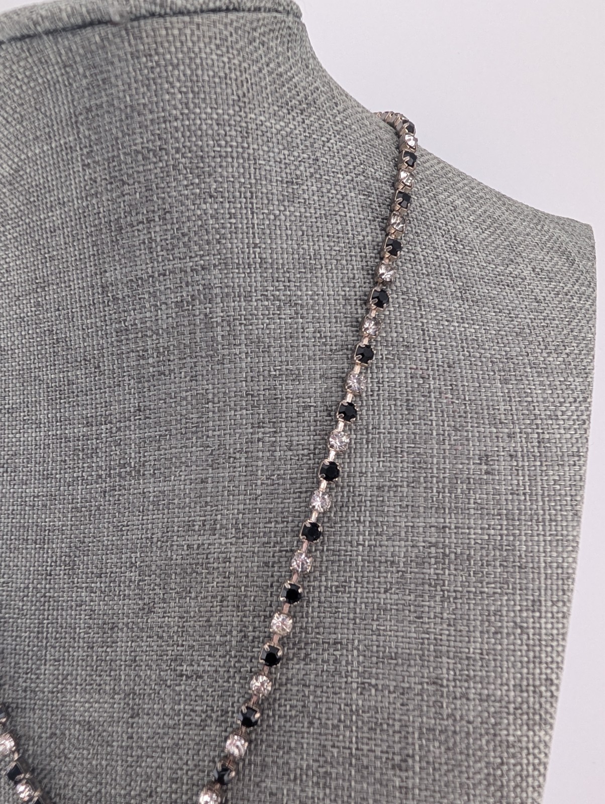 Vintage Silver Tone White & Black Glass Rhinestone V Point Necklace