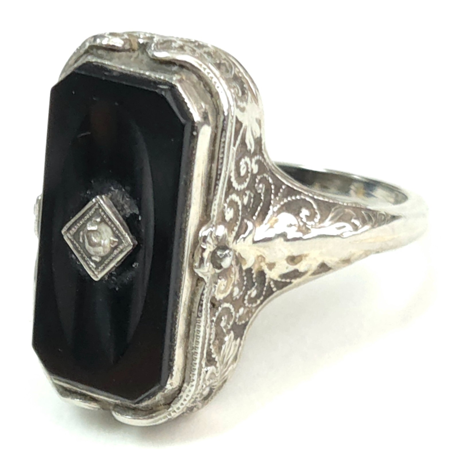 Antique 14K White Gold Black Onyx & Diamond Art Deco Filigree Ring Sz 6.5