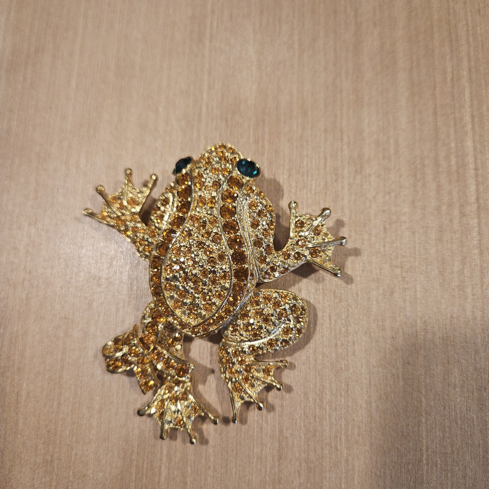 Vintage Large Rhinestone Frog Brooch Gold Tone Amber Crystal 3″ fairycore garden