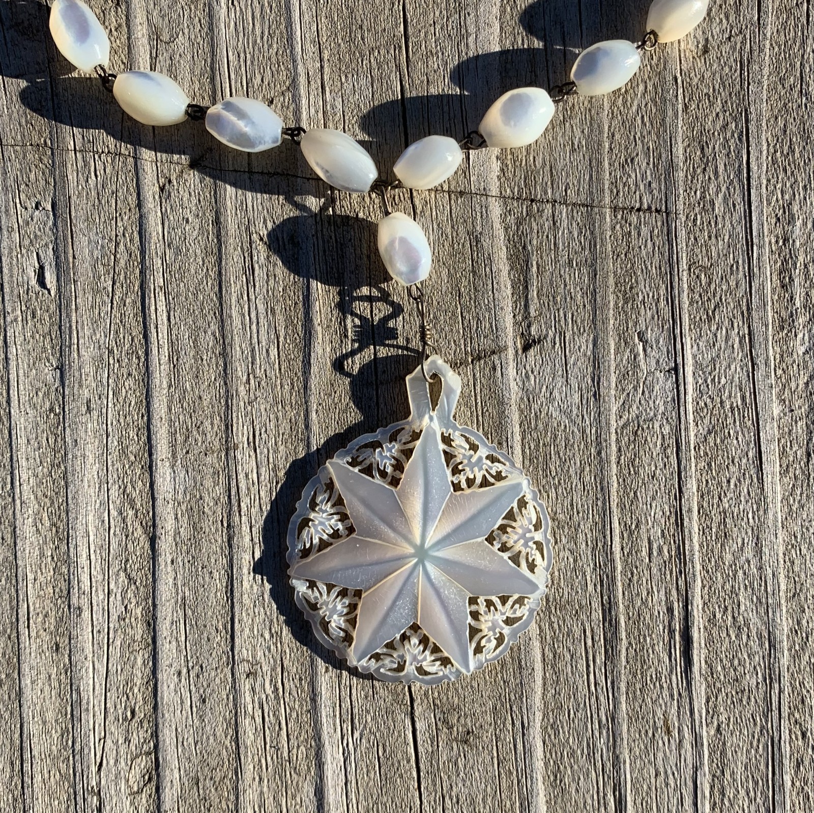 Vintage Mother of Pearl Bead Necklace with Star of Bethlehem MOP Pendant 23”