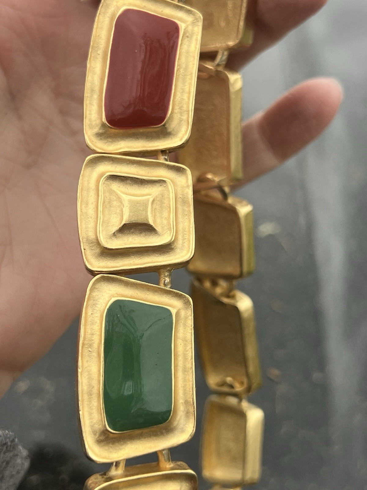 Vintage Green & Red Enamel Panel Chunky Gold Plated Necklace 16 1/2″
