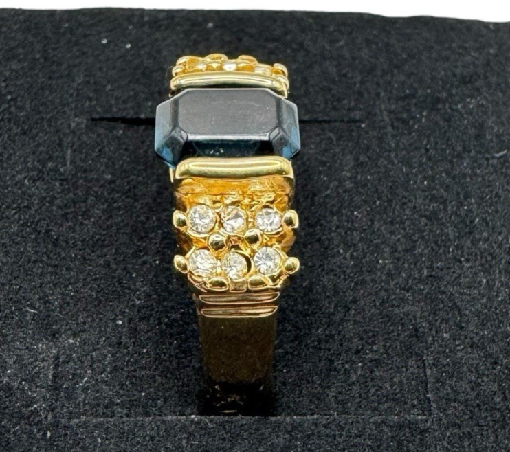 18k GE Ring Gold Electroplate Blue Rectangle w/ small white stones Size 8