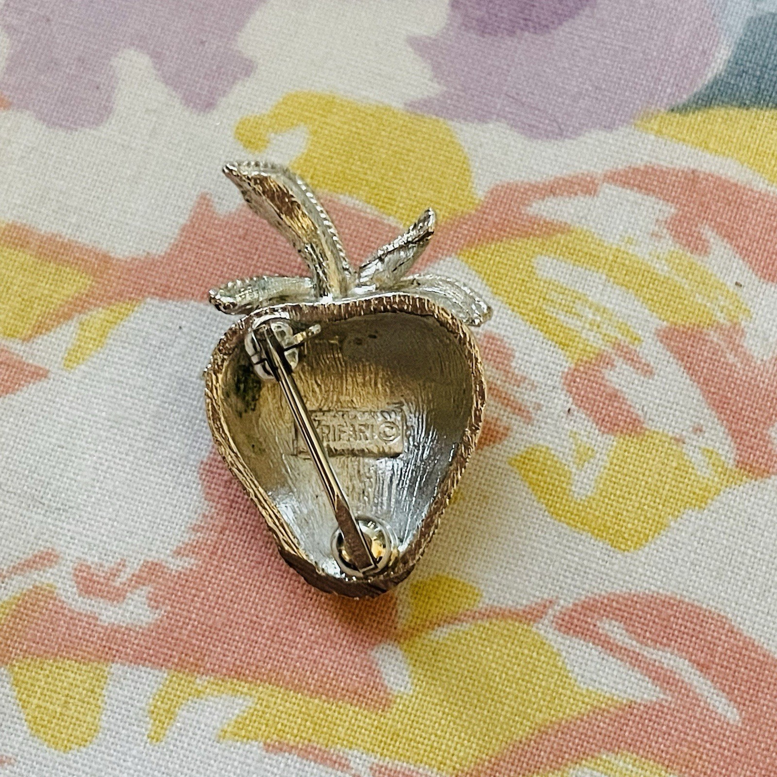 Vintage Trifari Strawberry Fruit Brooch Brushed Silver Tone Signed Pin