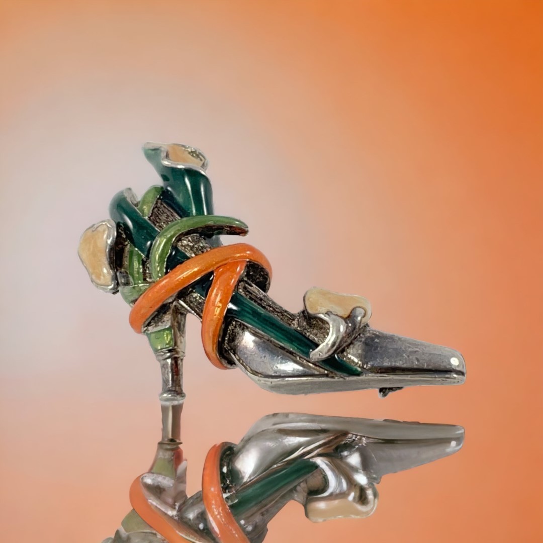 Vintage KJL Sterling 925 Calla Lily High Heel Shoe Enamel Brooch Signed