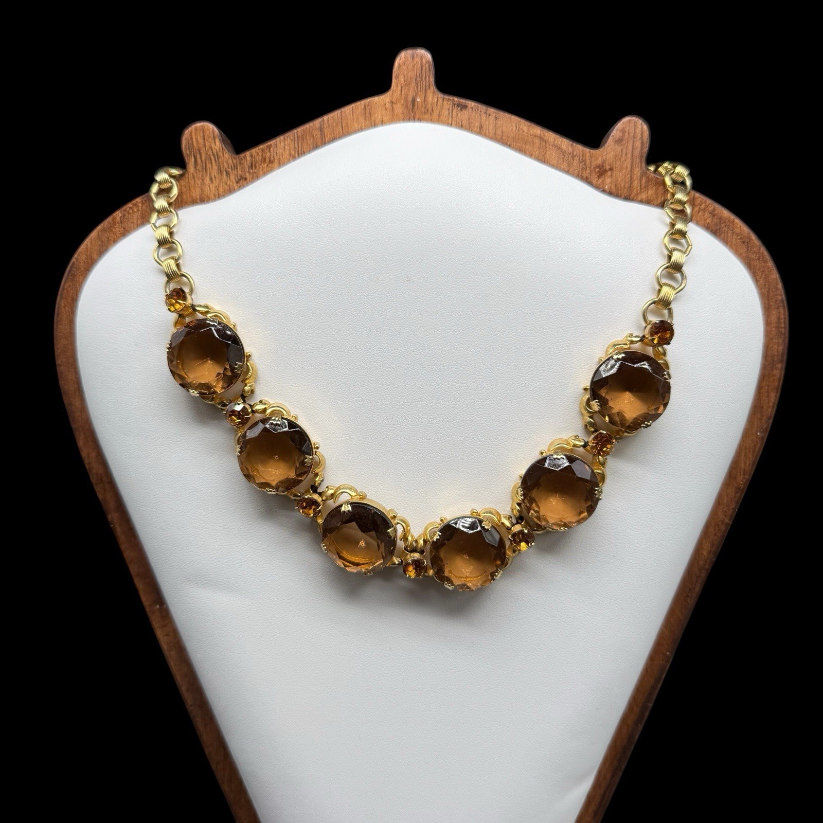 Riviere Statement Necklace & Bracelet Set Smokey Topaz Glass Collet Vintage