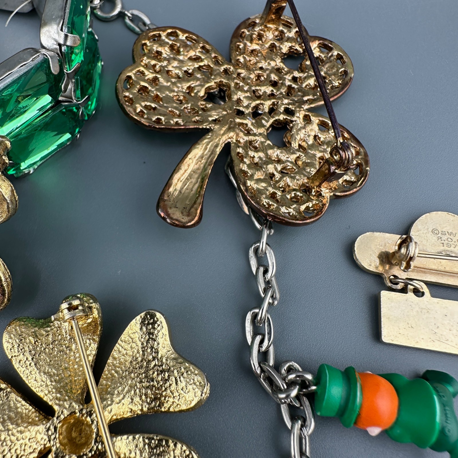 Vintage St. Patricks Day Jewelry Lot Shamrock Brooches Leprechaun Necklace Rings