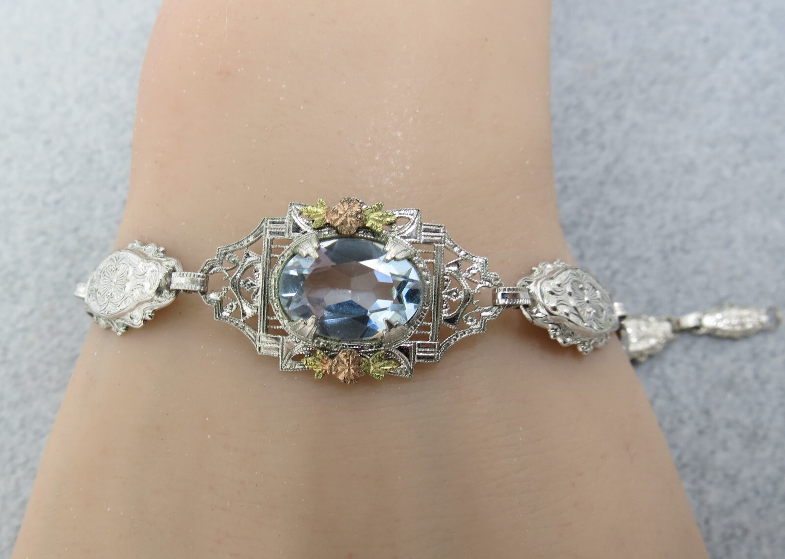 Antique Necklace Bracelet Silver Filigree Purple Stones Rose Gold Accent Flower