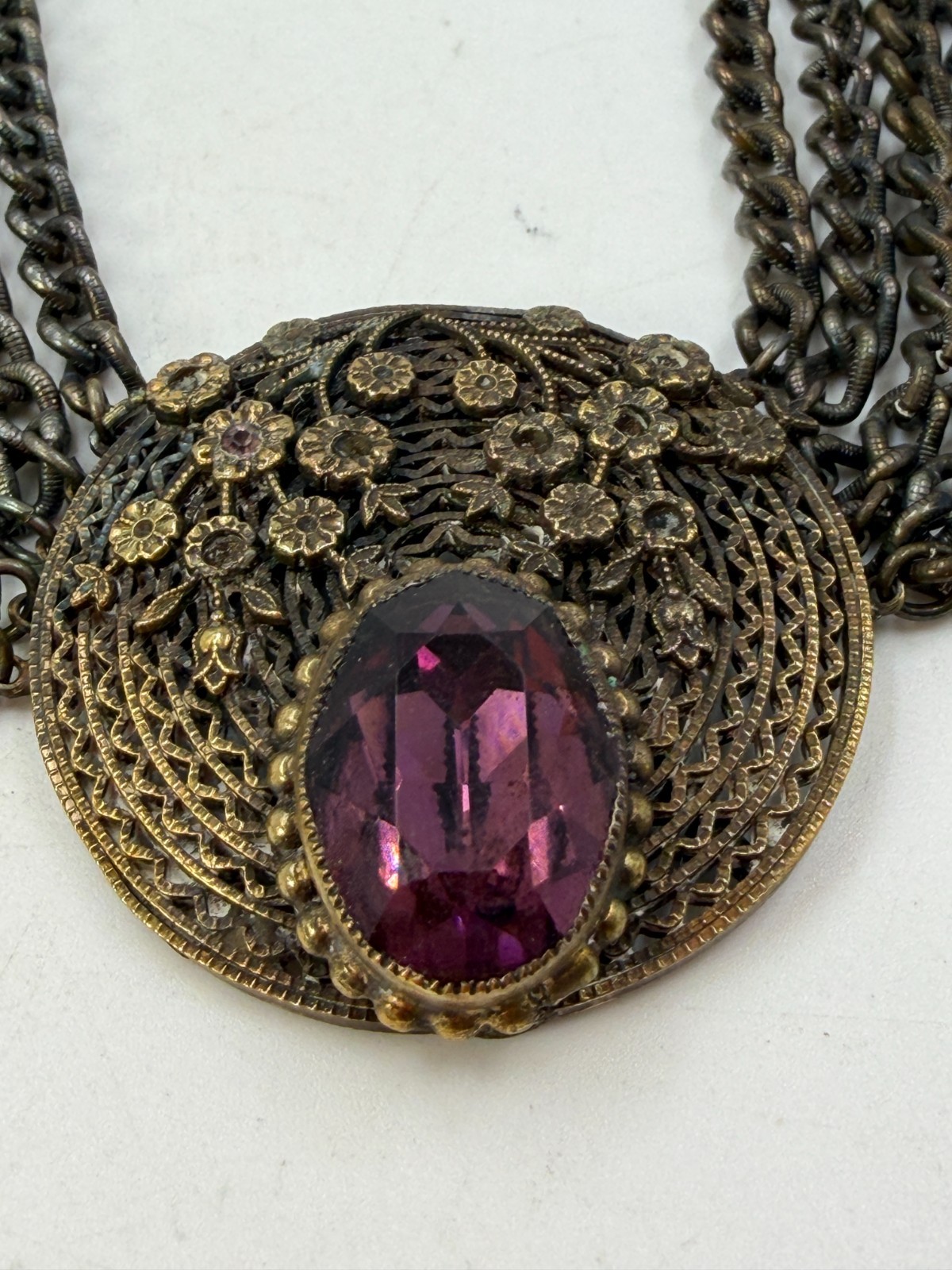 Vintage Necklace Gothic Victorian Swag Chain Purple Glass Pendant 16 in PJ