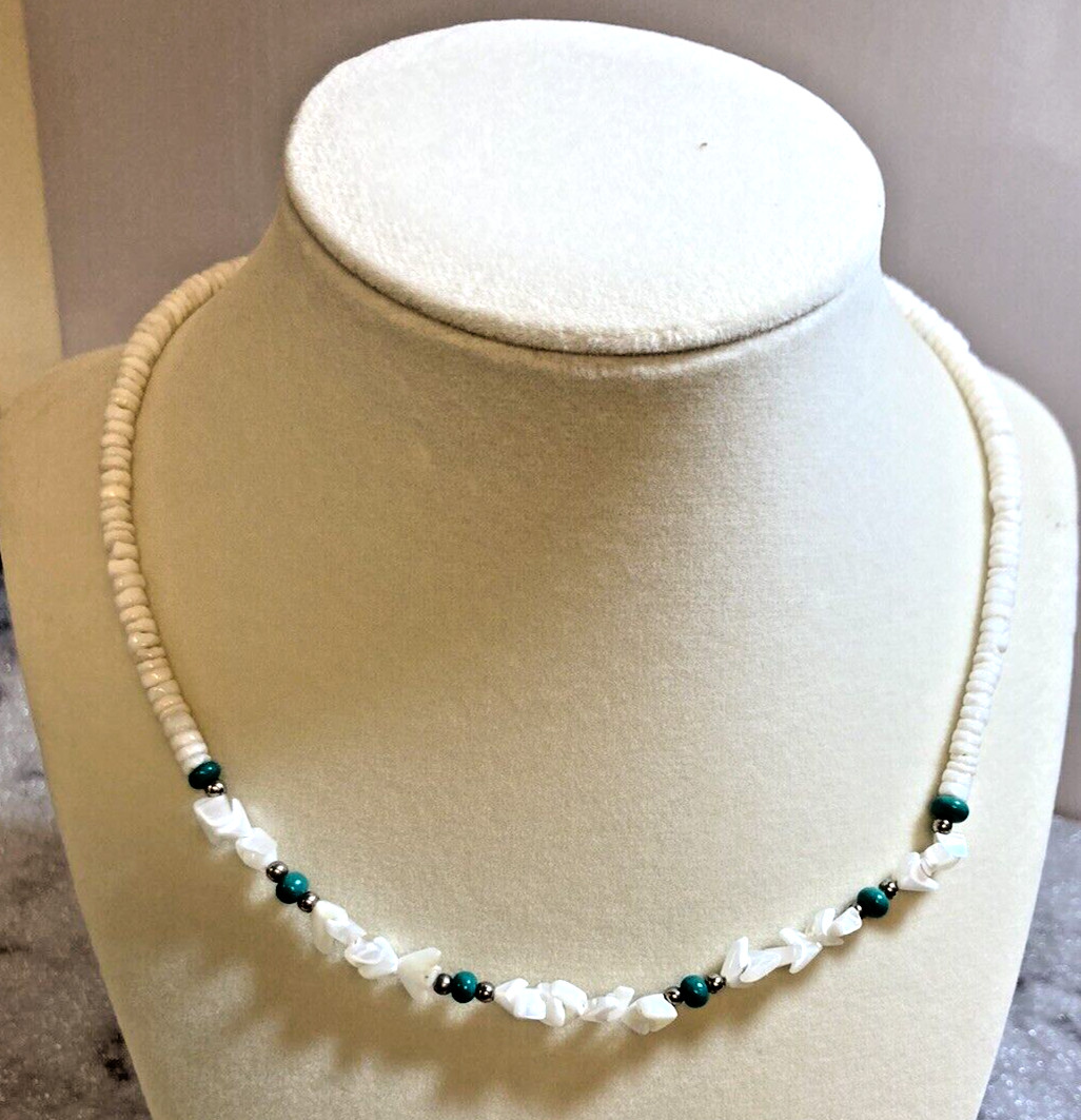 Shell & green stone Necklace Silver Toned Barrel Clasp 16” Unisex Choker